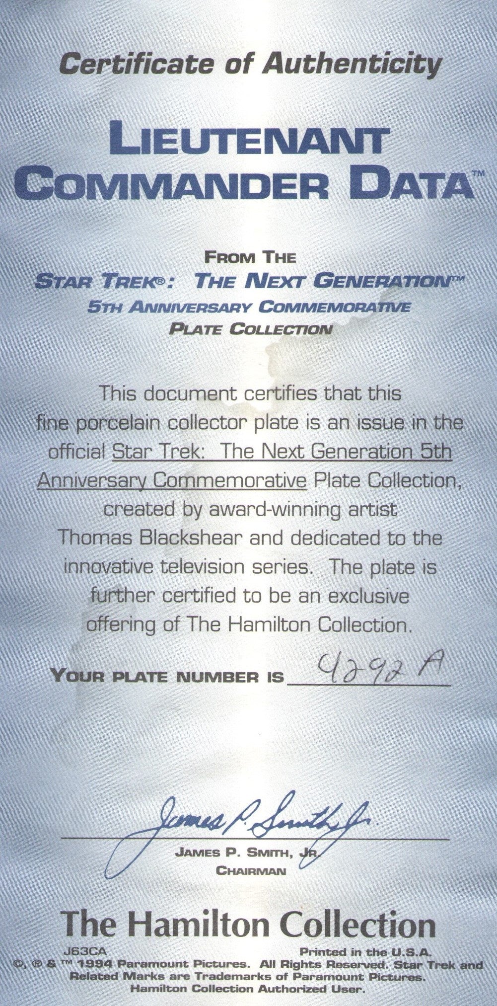 Star Trek: The Next Generation 5th Anniversary Commemorative Plate