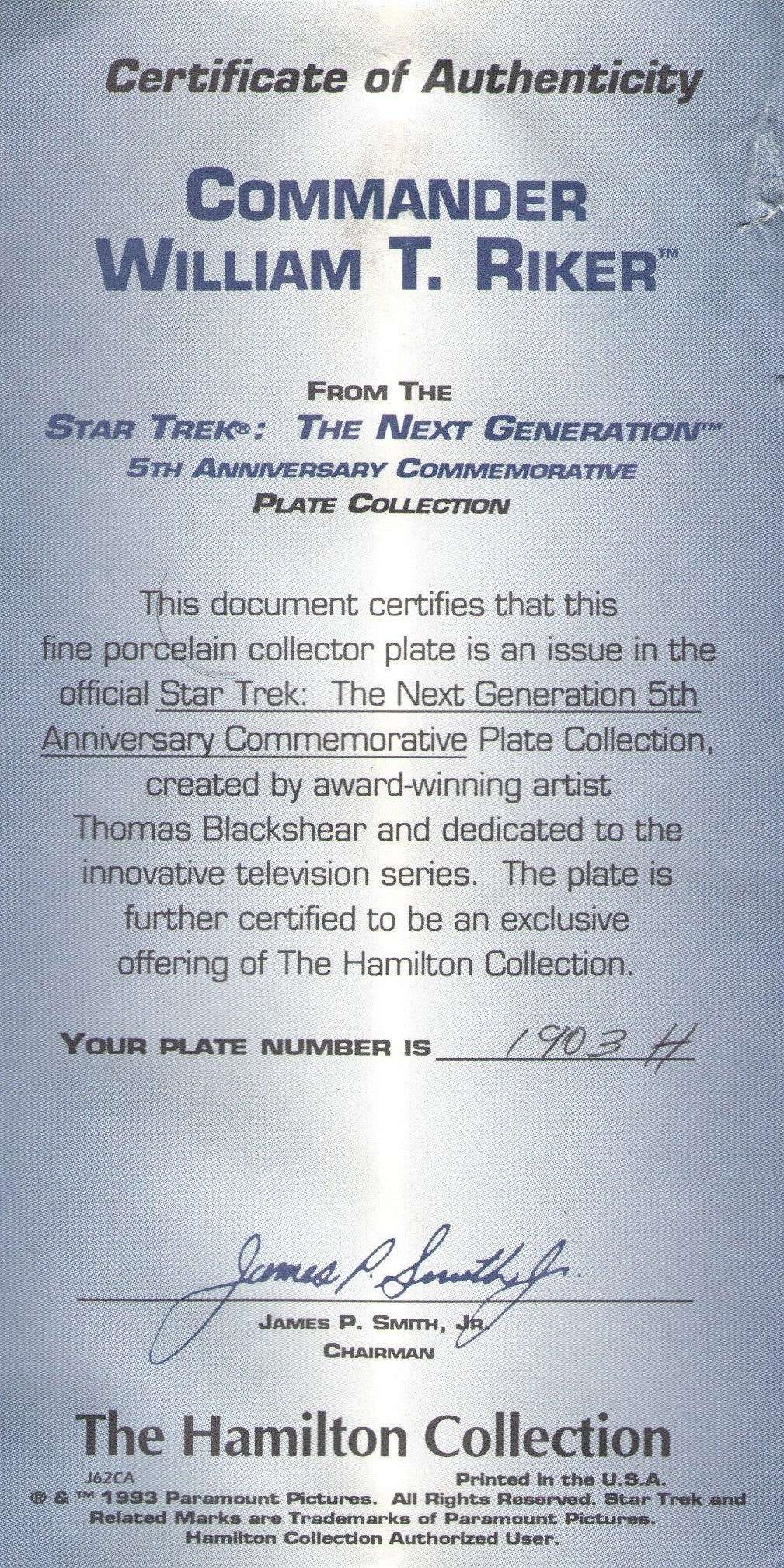 Star Trek: The Next Generation 5th Anniversary Commemorative Plate