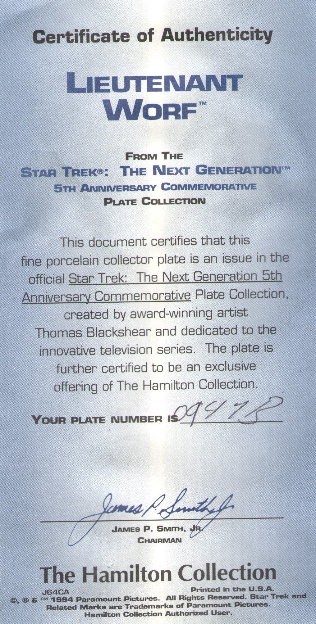 Star Trek: The Next Generation 5th Anniversary Commemorative Plate