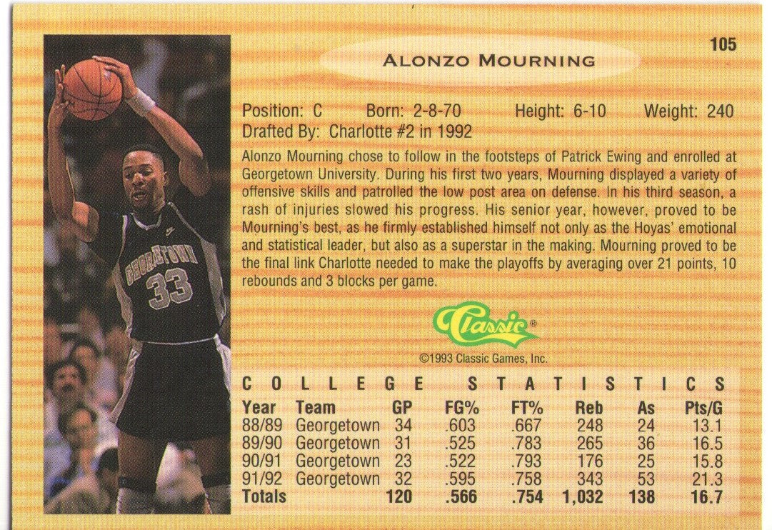 Classic 1992 Alonzo Mourning (#105)