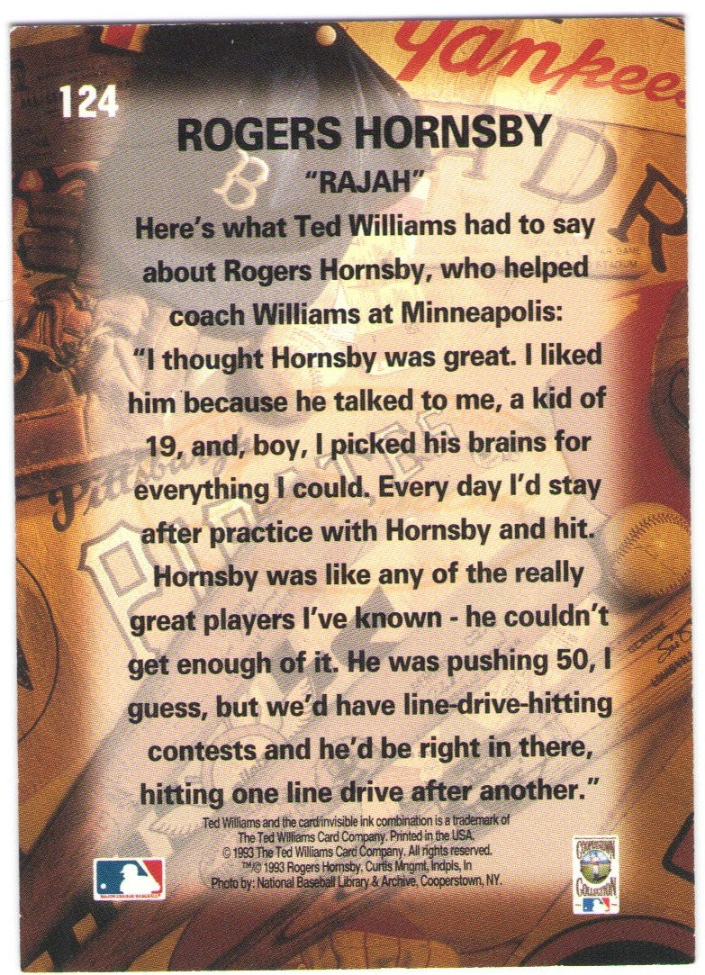 Ted Williams Card Company 1993 Rogers Hornsby (#124)